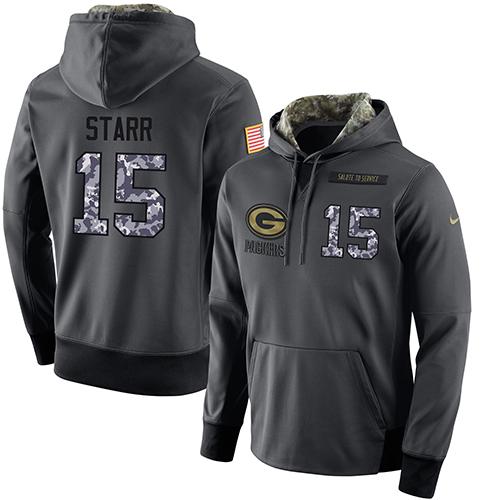 NFL Men's Nike Green Bay Packers #15 Bart Starr Stitched Black Anthracite Salute to Service Player Performance Hoodie - Click Image to Close